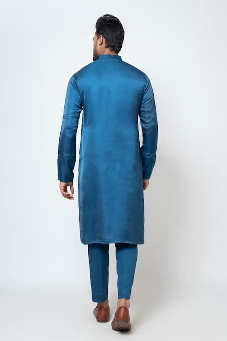 Shop Yoseba Blue Linen, Satin, Cotton Embroidery Nuance Kurta With Trouser at Aza Fashions Shop_Yoseba_Blue Linen, Satin, Cotton Embroidery Nuance Kurta With Trouser _at_Aza_Fashions