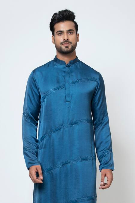 Yoseba Blue Linen, Satin, Cotton Embroidery Nuance Kurta With Trouser Online at Aza Fashions Yoseba_Blue Linen, Satin, Cotton Embroidery Nuance Kurta With Trouser _Online_at_Aza_Fashions