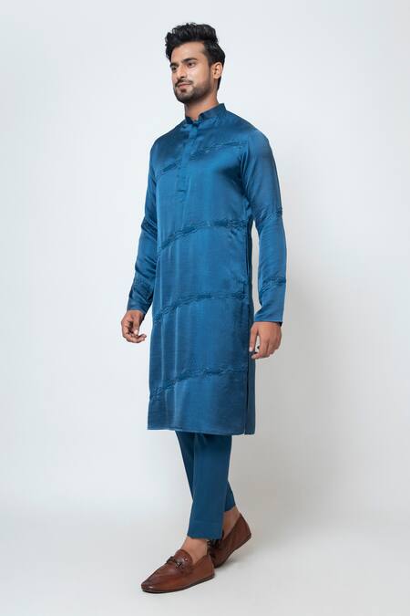 Buy Yoseba Blue Linen, Satin, Cotton Embroidery Nuance Kurta With Trouser Online at Aza Fashions Buy_Yoseba_Blue Linen, Satin, Cotton Embroidery Nuance Kurta With Trouser _Online_at_Aza_Fashions