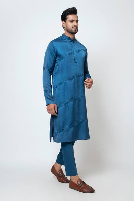 Shop Yoseba Blue Linen, Satin, Cotton Embroidery Nuance Kurta With Trouser Online at Aza Fashions Shop_Yoseba_Blue Linen, Satin, Cotton Embroidery Nuance Kurta With Trouser _Online_at_Aza_Fashions