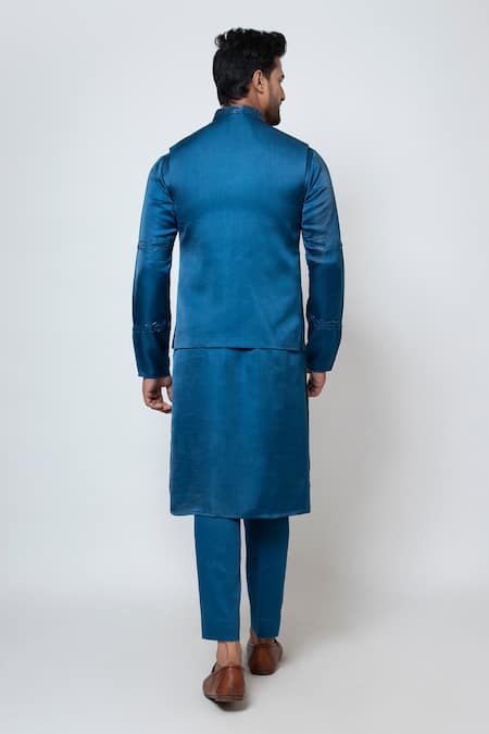 Shop Yoseba Blue Linen, Satin, Cotton Cut Work, Embroidery Pacific Nehru Jacket Set at Aza Fashions Shop_Yoseba_Blue Linen, Satin, Cotton Cut Work, Embroidery Pacific Nehru Jacket Set _at_Aza_Fashions