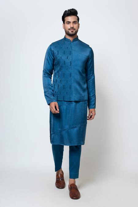Yoseba Blue Linen, Satin, Cotton Cut Work, Embroidery Pacific Nehru Jacket Set Online at Aza Fashions Yoseba_Blue Linen, Satin, Cotton Cut Work, Embroidery Pacific Nehru Jacket Set _Online_at_Aza_Fashions