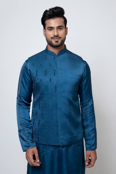 Shop Yoseba Blue Linen, Satin, Cotton Cut Work, Embroidery Pacific Nehru Jacket Set Online at Aza Fashions Shop_Yoseba_Blue Linen, Satin, Cotton Cut Work, Embroidery Pacific Nehru Jacket Set _Online_at_Aza_Fashions