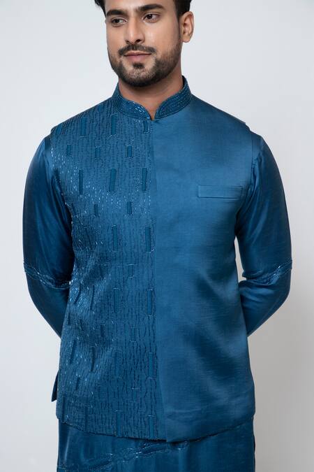 Buy Yoseba Blue Linen, Satin, Cotton Cut Work, Embroidery Pacific Nehru Jacket Set Buy_Yoseba_Blue Linen, Satin, Cotton Cut Work, Embroidery Pacific Nehru Jacket Set