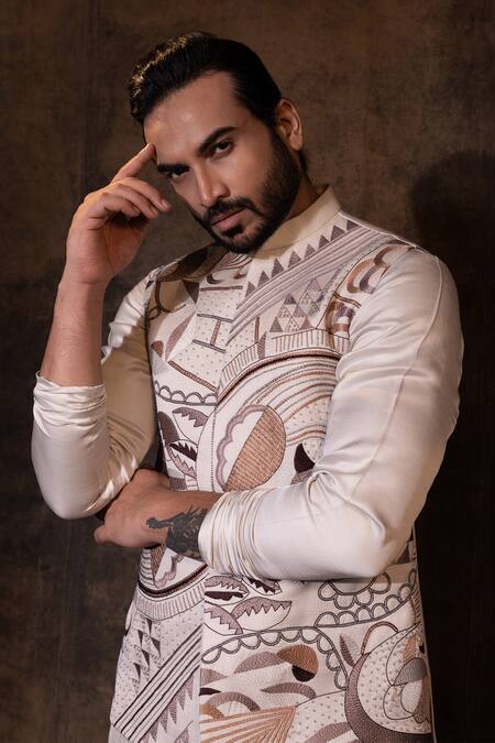 Yoseba Gray Linen, Satin, Cotton Embroidery Abstract Geometric Nehru Jacket Kurta Set at Aza Fashions Yoseba_Gray Linen, Satin, Cotton Embroidery Abstract Geometric Nehru Jacket Kurta Set _at_Aza_Fashions