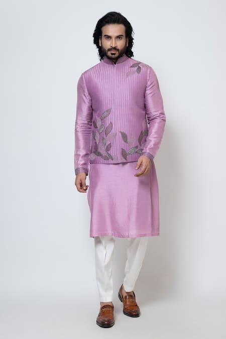 YOSEBA Purple Bam Silk Embroidery Falling Leaves Nehru Jacket Kurta Set 