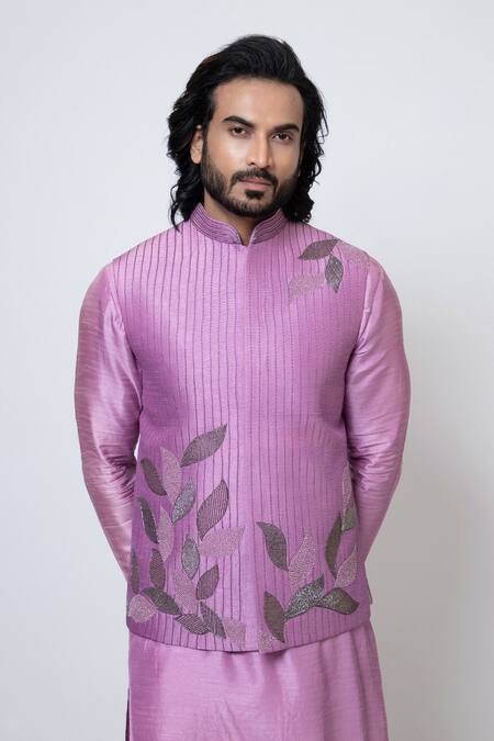 Shop Yoseba Purple Bamboo, , Pure Falling Leaves Embroidered Nehru Jacket Set Online at Aza Fashions Shop_Yoseba_Purple Bamboo, , Pure Falling Leaves Embroidered Nehru Jacket Set _Online_at_Aza_Fashions