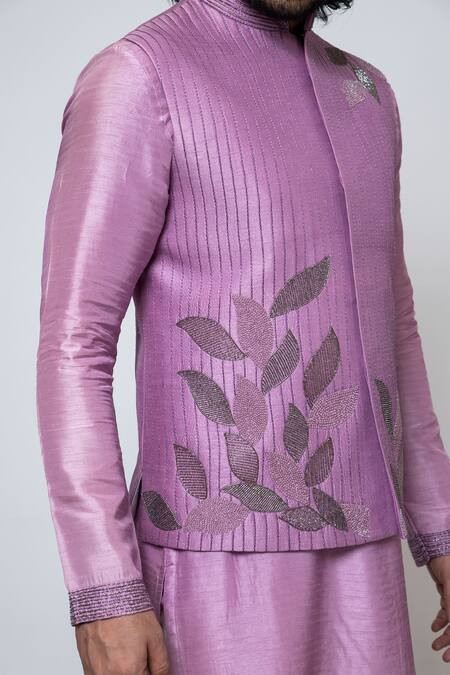 Yoseba Purple Bamboo, , Pure Falling Leaves Embroidered Nehru Jacket Set at Aza Fashions Yoseba_Purple Bamboo, , Pure Falling Leaves Embroidered Nehru Jacket Set _at_Aza_Fashions