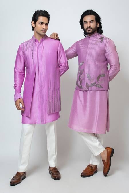 Buy Yoseba Purple Bamboo, , Pure Falling Leaves Embroidered Nehru Jacket Set Buy_Yoseba_Purple Bamboo, , Pure Falling Leaves Embroidered Nehru Jacket Set