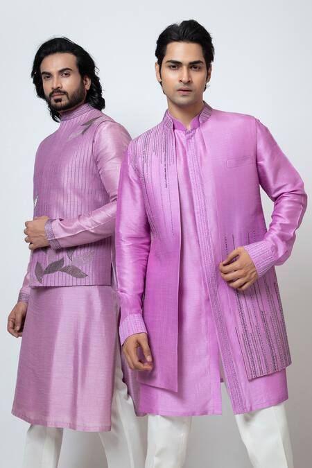 Shop Yoseba Purple Bamboo, , Pure Falling Leaves Embroidered Nehru Jacket Set Shop_Yoseba_Purple Bamboo, , Pure Falling Leaves Embroidered Nehru Jacket Set