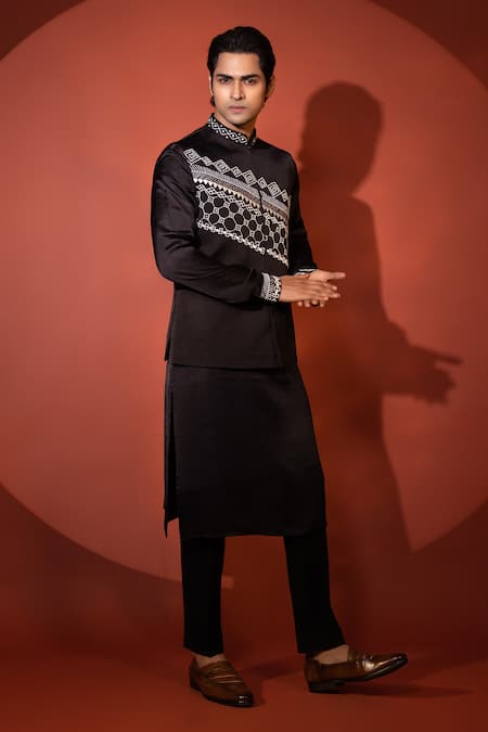 Buy Yoseba Black Linen, Satin, Cotton Embroidery Abstract Nehru Jacket Set Online at Aza Fashions Buy_Yoseba_Black Linen, Satin, Cotton Embroidery Abstract Nehru Jacket Set _Online_at_Aza_Fashions