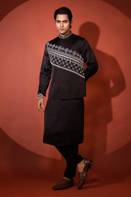 Shop Yoseba Black Linen, Satin, Cotton Embroidery Abstract Nehru Jacket Set Online at Aza Fashions Shop_Yoseba_Black Linen, Satin, Cotton Embroidery Abstract Nehru Jacket Set _Online_at_Aza_Fashions