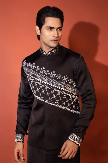 Yoseba Black Linen, Satin, Cotton Embroidery Abstract Nehru Jacket Set at Aza Fashions Yoseba_Black Linen, Satin, Cotton Embroidery Abstract Nehru Jacket Set _at_Aza_Fashions