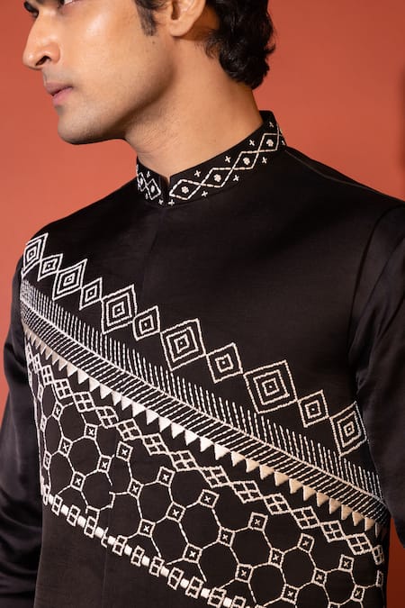 Buy Yoseba Black Linen, Satin, Cotton Embroidery Abstract Nehru Jacket Set Buy_Yoseba_Black Linen, Satin, Cotton Embroidery Abstract Nehru Jacket Set