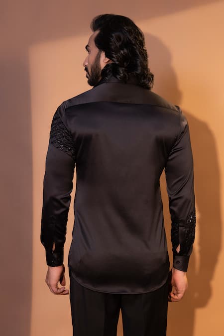 Shop_Yoseba_Black Satin Cut Work Obsidian Diagonal Embroidered Shirt _at_Aza_Fashions