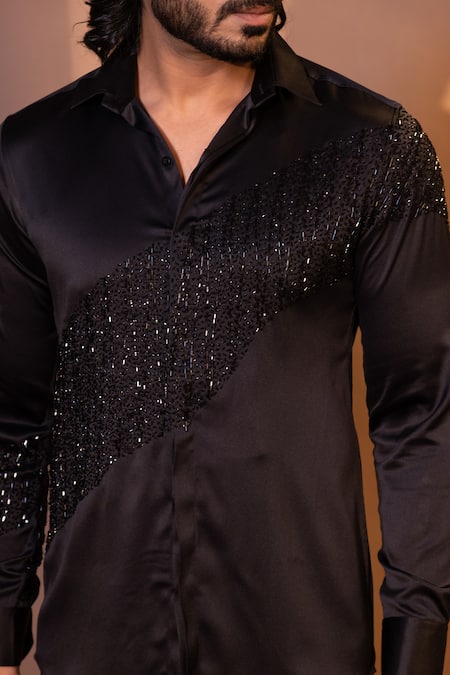 Yoseba_Black Satin Cut Work Obsidian Diagonal Embroidered Shirt _Online_at_Aza_Fashions