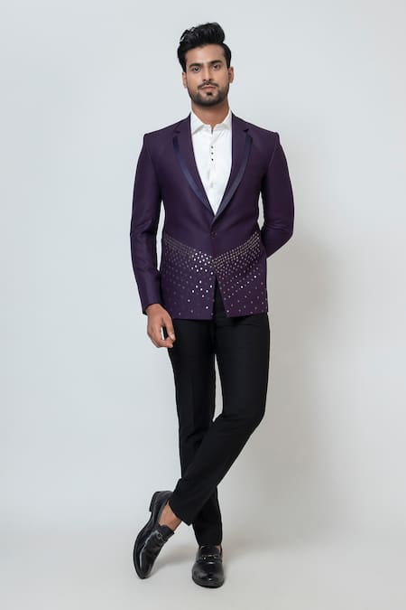 YOSEBA Purple Premium Suiting Embroidery Salli Placement Blazer With Trouser 