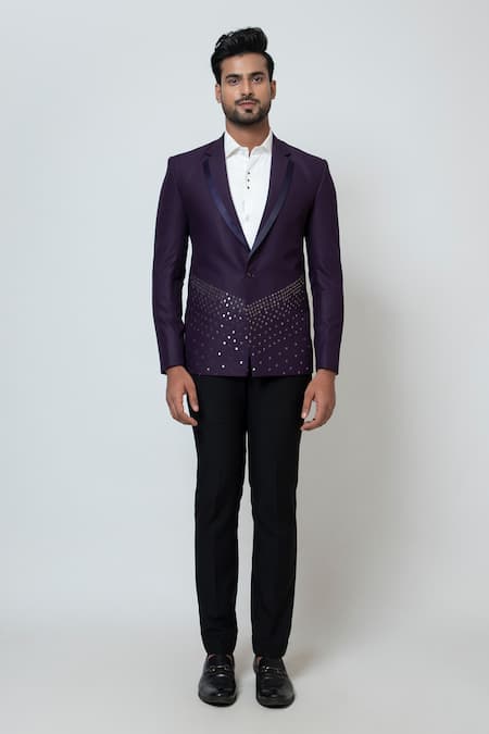 Yoseba_Purple Cotton Embroidery Placement Salli Blazer With Trouser _Online_at_Aza_Fashions