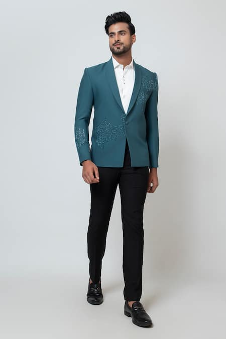 Yoseba_Green Polyester Cut Work Scattered Embroidered Blazer With Trouser _Online_at_Aza_Fashions