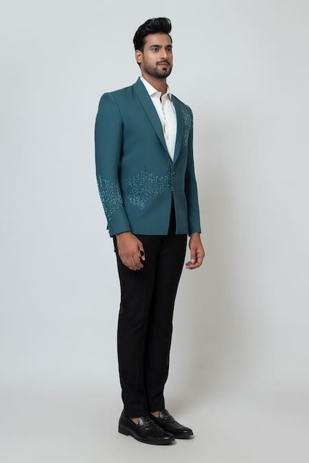 Shop_Yoseba_Green Polyester Cut Work Scattered Embroidered Blazer With Trouser _Online_at_Aza_Fashions