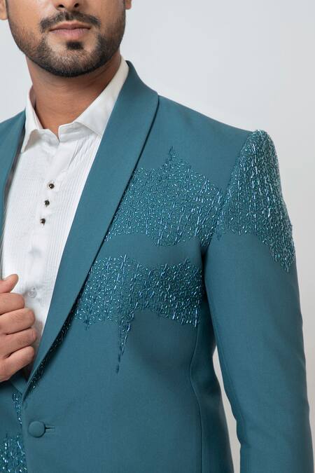 Yoseba_Green Polyester Cut Work Scattered Embroidered Blazer With Trouser _at_Aza_Fashions