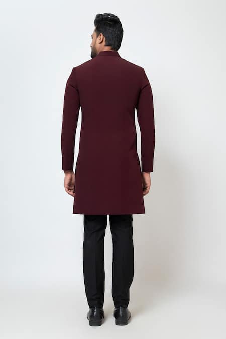 Shop Yoseba Wine Cotton Cut Work Folded Collar Embroidered Achkan With Trouser at Aza Fashions Shop_Yoseba_Wine Cotton Cut Work Folded Collar Embroidered Achkan With Trouser _at_Aza_Fashions