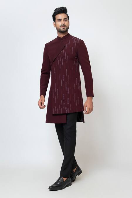 Yoseba Wine Cotton Cut Work Folded Collar Embroidered Achkan With Trouser Online at Aza Fashions Yoseba_Wine Cotton Cut Work Folded Collar Embroidered Achkan With Trouser _Online_at_Aza_Fashions