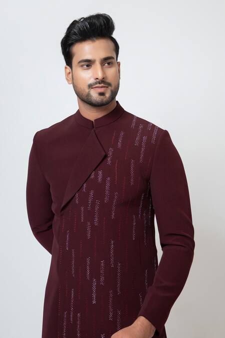 Shop Yoseba Wine Cotton Cut Work Folded Collar Embroidered Achkan With Trouser Online at Aza Fashions Shop_Yoseba_Wine Cotton Cut Work Folded Collar Embroidered Achkan With Trouser _Online_at_Aza_Fashions