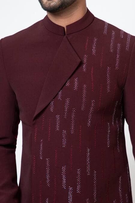 Yoseba Wine Cotton Cut Work Folded Collar Embroidered Achkan With Trouser at Aza Fashions Yoseba_Wine Cotton Cut Work Folded Collar Embroidered Achkan With Trouser _at_Aza_Fashions