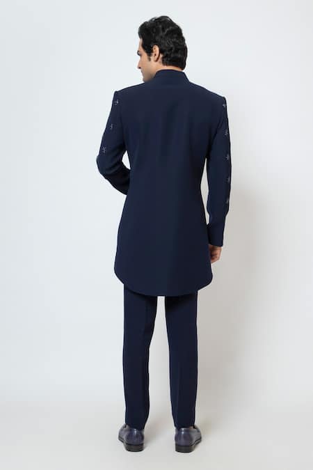 Shop Yoseba Blue Acrylic Embroidery Star Motif Achkan With Trouser at Aza Fashions Shop_Yoseba_Blue Acrylic Embroidery Star Motif Achkan With Trouser _at_Aza_Fashions