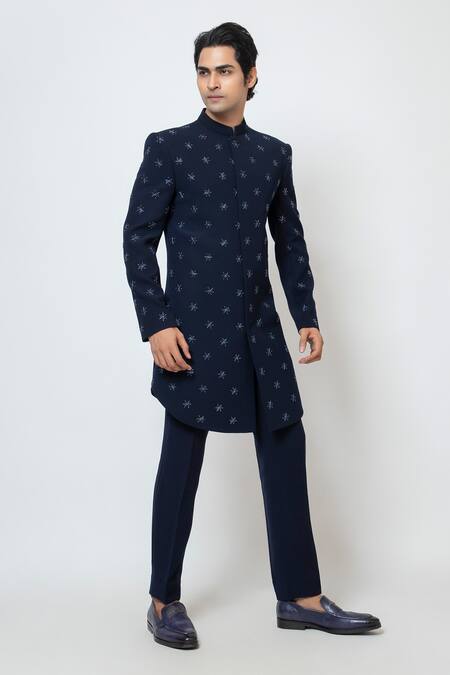 Yoseba Blue Acrylic Embroidery Star Motif Achkan With Trouser Online at Aza Fashions Yoseba_Blue Acrylic Embroidery Star Motif Achkan With Trouser _Online_at_Aza_Fashions