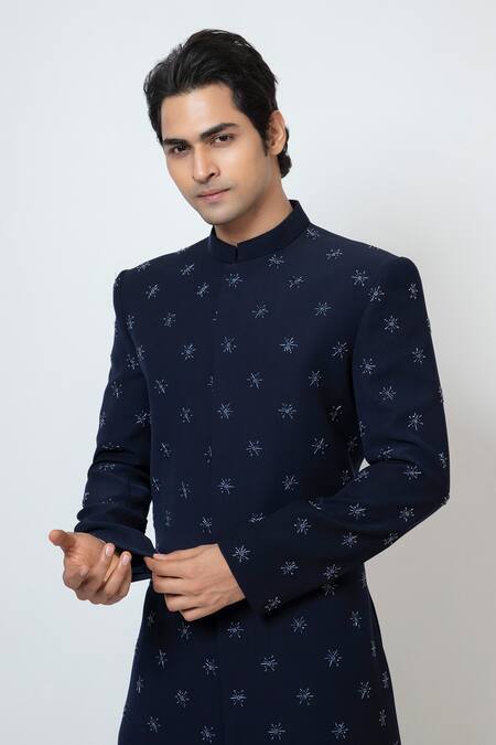 Shop Yoseba Blue Acrylic Embroidery Star Motif Achkan With Trouser Online at Aza Fashions Shop_Yoseba_Blue Acrylic Embroidery Star Motif Achkan With Trouser _Online_at_Aza_Fashions