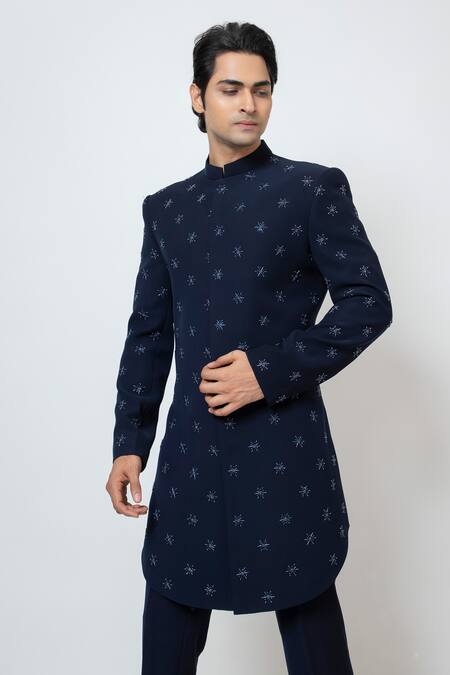 Yoseba Blue Acrylic Embroidery Star Motif Achkan With Trouser at Aza Fashions Yoseba_Blue Acrylic Embroidery Star Motif Achkan With Trouser _at_Aza_Fashions