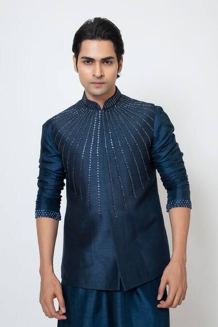 Shop Yoseba Blue Bamboo, Cotton Cut Work Cutdana Embroidered Nehru Jacket Set Online at Aza Fashions Shop_Yoseba_Blue Bamboo, Cotton Cut Work Cutdana Embroidered Nehru Jacket Set _Online_at_Aza_Fashions