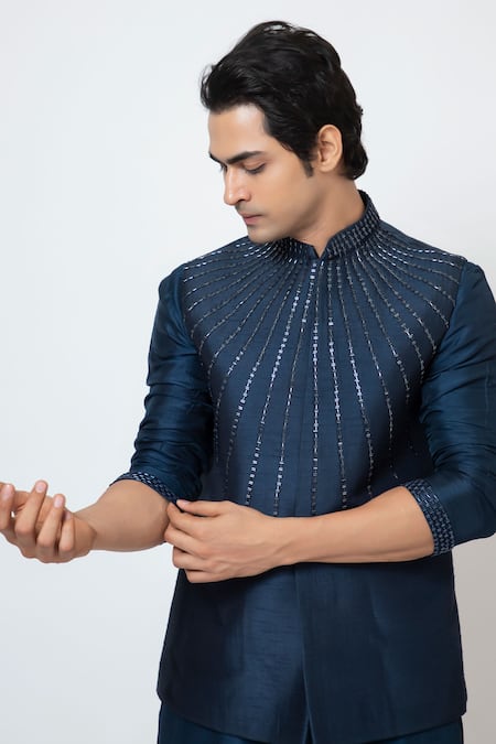 Yoseba Blue Bamboo, Cotton Cut Work Cutdana Embroidered Nehru Jacket Set at Aza Fashions Yoseba_Blue Bamboo, Cotton Cut Work Cutdana Embroidered Nehru Jacket Set _at_Aza_Fashions