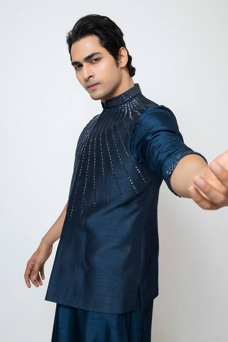 Shop Yoseba Blue Bamboo, Cotton Cut Work Cutdana Embroidered Nehru Jacket Set Shop_Yoseba_Blue Bamboo, Cotton Cut Work Cutdana Embroidered Nehru Jacket Set