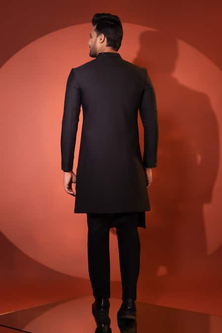 Shop Yoseba Black Cotton Cut Work, Embroidery Four Panelled Achkan With Trouser at Aza Fashions Shop_Yoseba_Black Cotton Cut Work, Embroidery Four Panelled Achkan With Trouser _at_Aza_Fashions