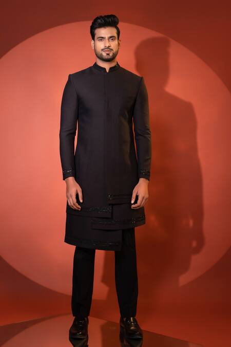 Yoseba Black Cotton Cut Work, Embroidery Four Panelled Achkan With Trouser Online at Aza Fashions Yoseba_Black Cotton Cut Work, Embroidery Four Panelled Achkan With Trouser _Online_at_Aza_Fashions