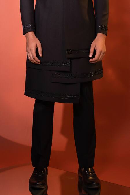 Buy Yoseba Black Cotton Cut Work, Embroidery Four Panelled Achkan With Trouser Online at Aza Fashions Buy_Yoseba_Black Cotton Cut Work, Embroidery Four Panelled Achkan With Trouser _Online_at_Aza_Fashions