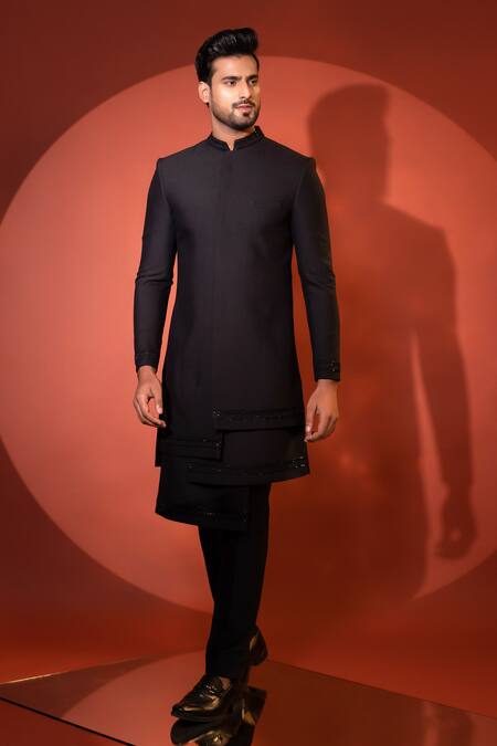 Shop Yoseba Black Cotton Cut Work, Embroidery Four Panelled Achkan With Trouser Online at Aza Fashions Shop_Yoseba_Black Cotton Cut Work, Embroidery Four Panelled Achkan With Trouser _Online_at_Aza_Fashions