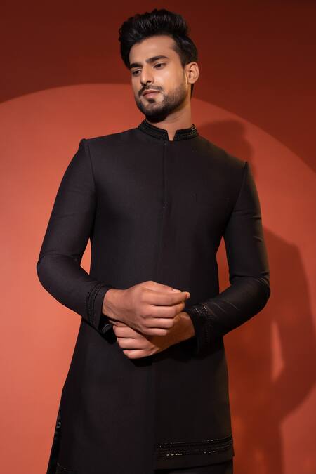 Yoseba Black Cotton Cut Work, Embroidery Four Panelled Achkan With Trouser at Aza Fashions Yoseba_Black Cotton Cut Work, Embroidery Four Panelled Achkan With Trouser _at_Aza_Fashions