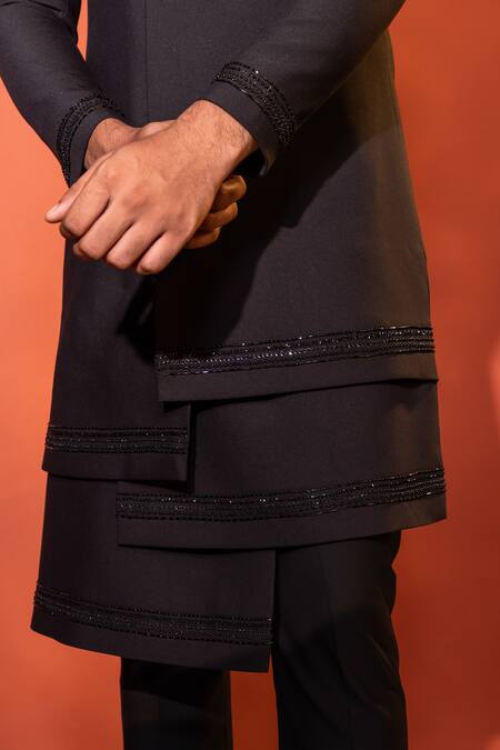 Buy Yoseba Black Cotton Cut Work, Embroidery Four Panelled Achkan With Trouser Buy_Yoseba_Black Cotton Cut Work, Embroidery Four Panelled Achkan With Trouser
