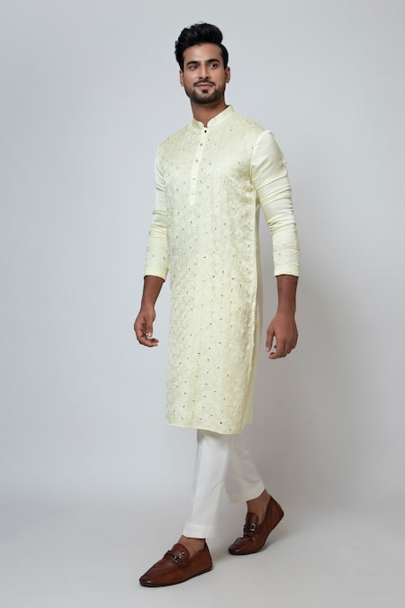 Yoseba Yellow Linen, Satin, Cotton Mirrors, Embroidery Canary Charm Kurta With Pant Online at Aza Fashions Yoseba_Yellow Linen, Satin, Cotton Mirrors, Embroidery Canary Charm Kurta With Pant _Online_at_Aza_Fashions