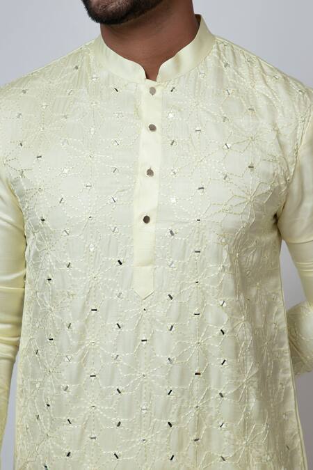 Buy Yoseba Yellow Linen, Satin, Cotton Mirrors, Embroidery Canary Charm Kurta With Pant Buy_Yoseba_Yellow Linen, Satin, Cotton Mirrors, Embroidery Canary Charm Kurta With Pant