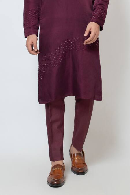 Buy Yoseba Wine Linen, Satin, , Pure Embroidery French Knots Kurta With Pant Online at Aza Fashions Buy_Yoseba_Wine Linen, Satin, , Pure Embroidery French Knots Kurta With Pant _Online_at_Aza_Fashions