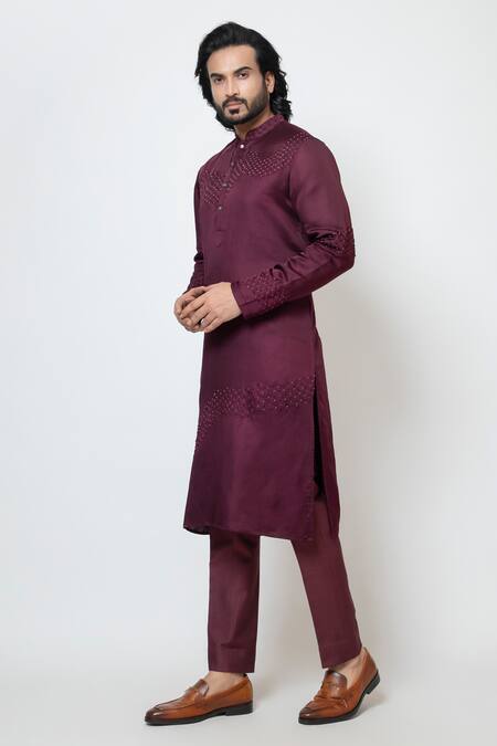 Shop Yoseba Wine Linen, Satin, , Pure Embroidery French Knots Kurta With Pant Online at Aza Fashions Shop_Yoseba_Wine Linen, Satin, , Pure Embroidery French Knots Kurta With Pant _Online_at_Aza_Fashions