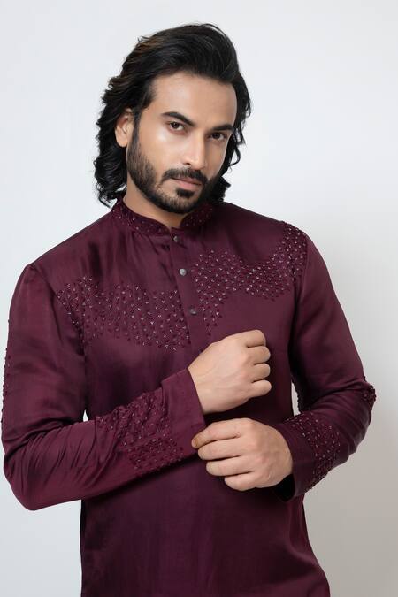 Yoseba Wine Linen, Satin, , Pure Embroidery French Knots Kurta With Pant at Aza Fashions Yoseba_Wine Linen, Satin, , Pure Embroidery French Knots Kurta With Pant _at_Aza_Fashions