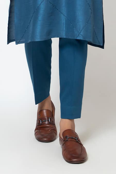 Yoseba_Blue Linen, Satin, Cotton Cut Work, Embroidery Neelmani Kurta With Pant _Online_at_Aza_Fashions