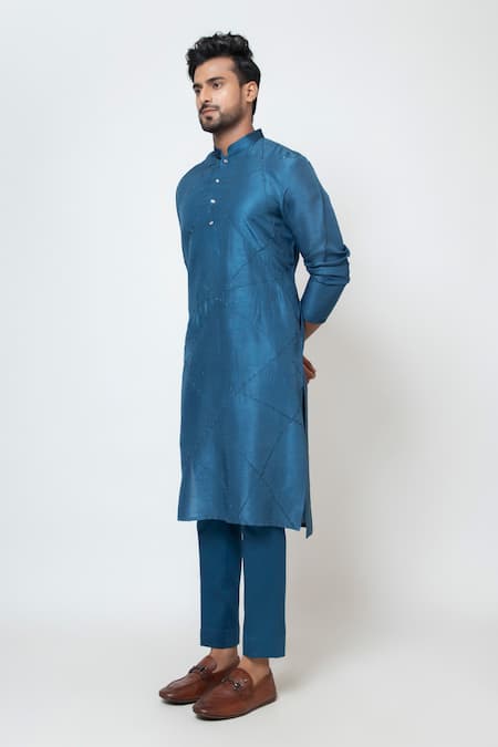Buy_Yoseba_Blue Linen, Satin, Cotton Cut Work, Embroidery Neelmani Kurta With Pant _Online_at_Aza_Fashions