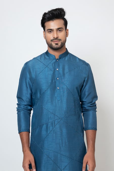 Shop_Yoseba_Blue Linen, Satin, Cotton Cut Work, Embroidery Neelmani Kurta With Pant _Online_at_Aza_Fashions